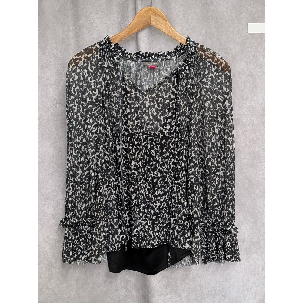 Vince Camuto Blouson Sleeve Pleated Mesh Peasant Top Rich Black Size Small-C170